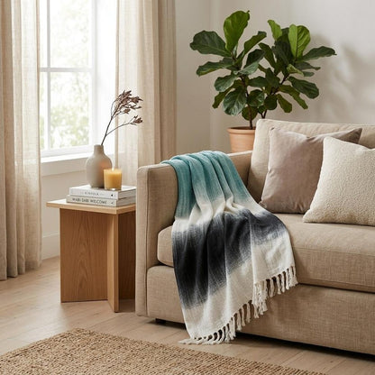 50" X 60" Blue and White Woven Cotton Ombre Throw Blanket with Fringe