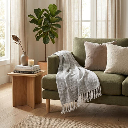 50" X 60" Gray and White Woven Cotton Ombre Throw Blanket with Fringe