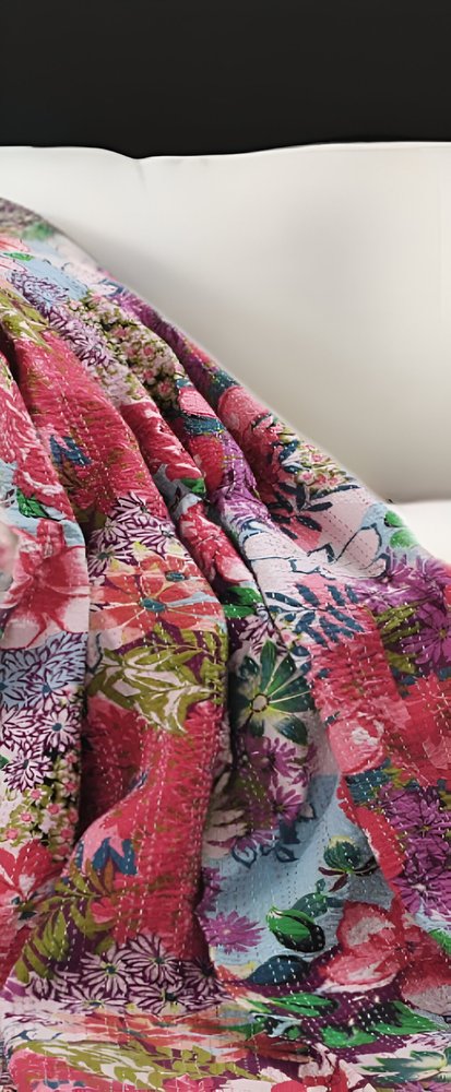 70" X 50" Purple Floral Cotton Quilted Kantha Throw Blanket with Embroidery