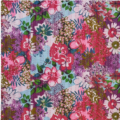 70" X 50" Purple Floral Cotton Quilted Kantha Throw Blanket with Embroidery
