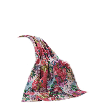 70" X 50" Purple Floral Cotton Quilted Kantha Throw Blanket with Embroidery