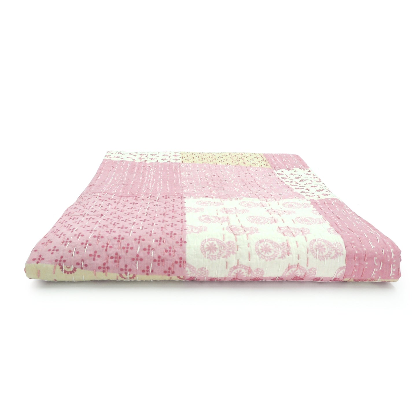 70" X 50" Pale Pink Kantha Cotton Patchwork Throw Blanket with Embroidery