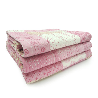 70" X 50" Pale Pink Kantha Cotton Patchwork Throw Blanket with Embroidery