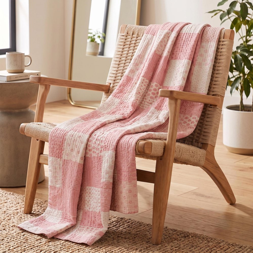 70" X 50" Pale Pink Kantha Cotton Patchwork Throw Blanket with Embroidery