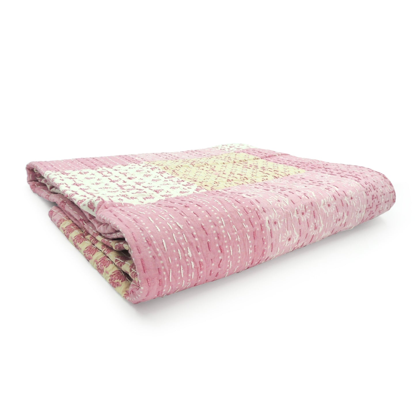 70" X 50" Pale Pink Kantha Cotton Patchwork Throw Blanket with Embroidery