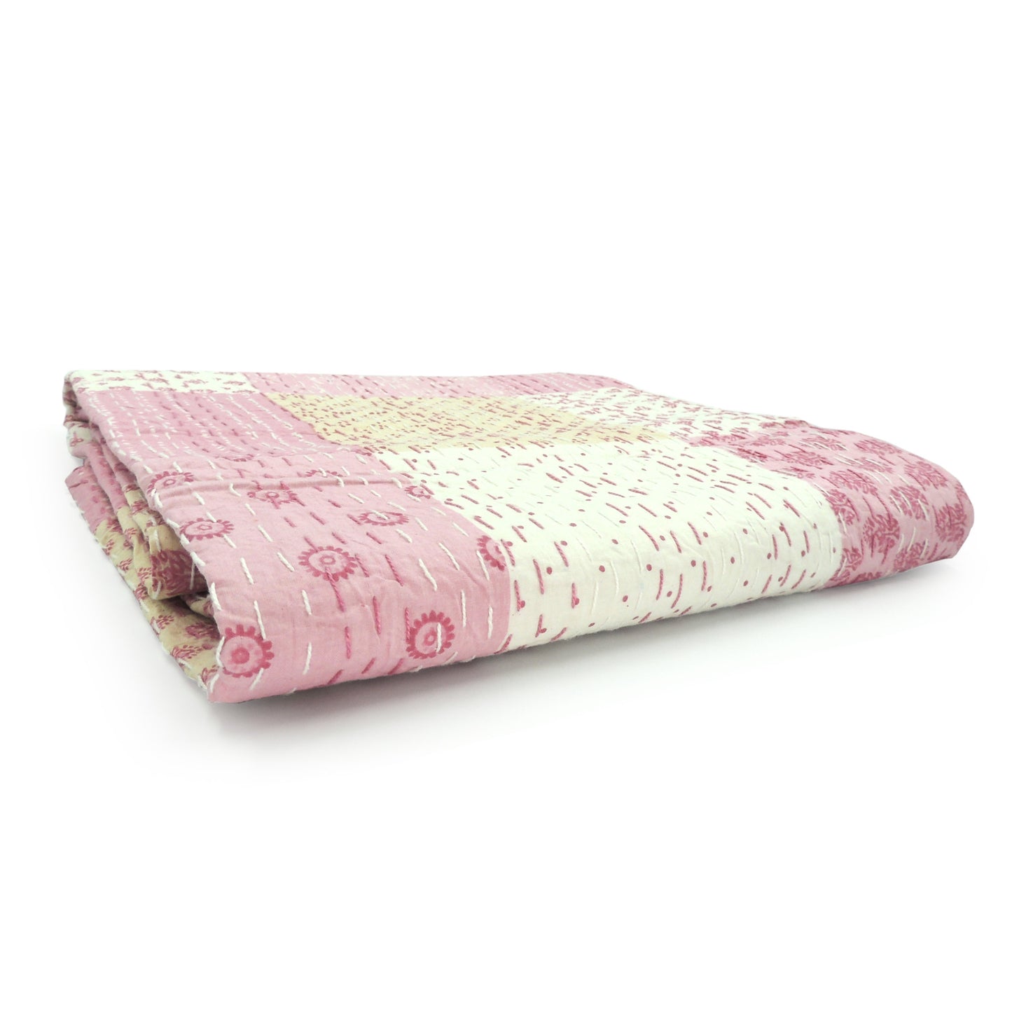 70" X 50" Pale Pink Kantha Cotton Patchwork Throw Blanket with Embroidery