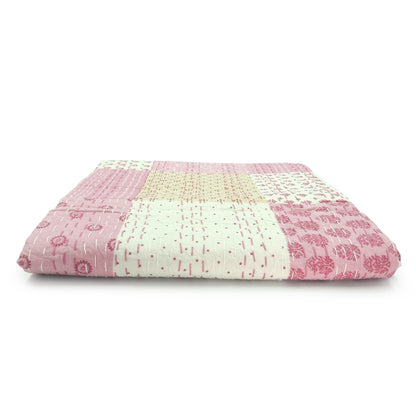 70" X 50" Pale Pink Kantha Cotton Patchwork Throw Blanket with Embroidery