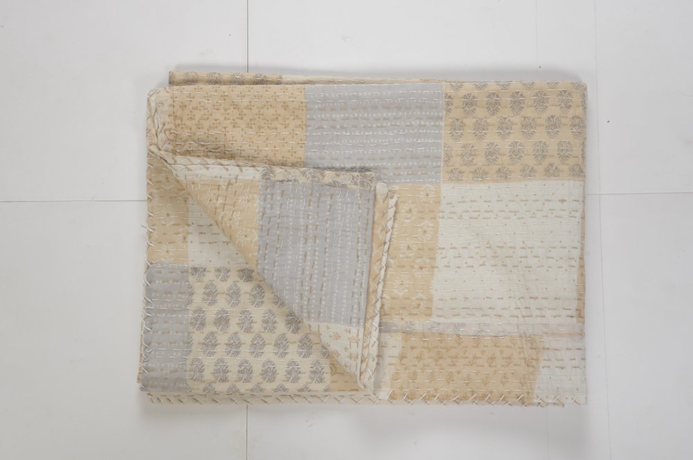70" X 50" Pale Pink Kantha Cotton Patchwork Throw Blanket with Embroidery