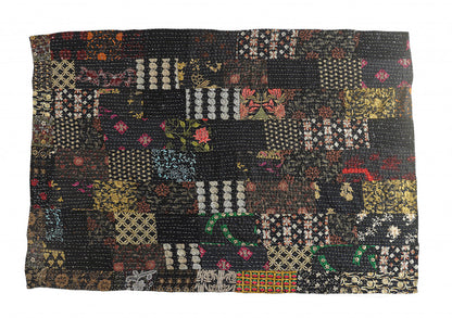 70" X 50" Black Kantha Cotton Patchwork Throw Blanket with Embroidery