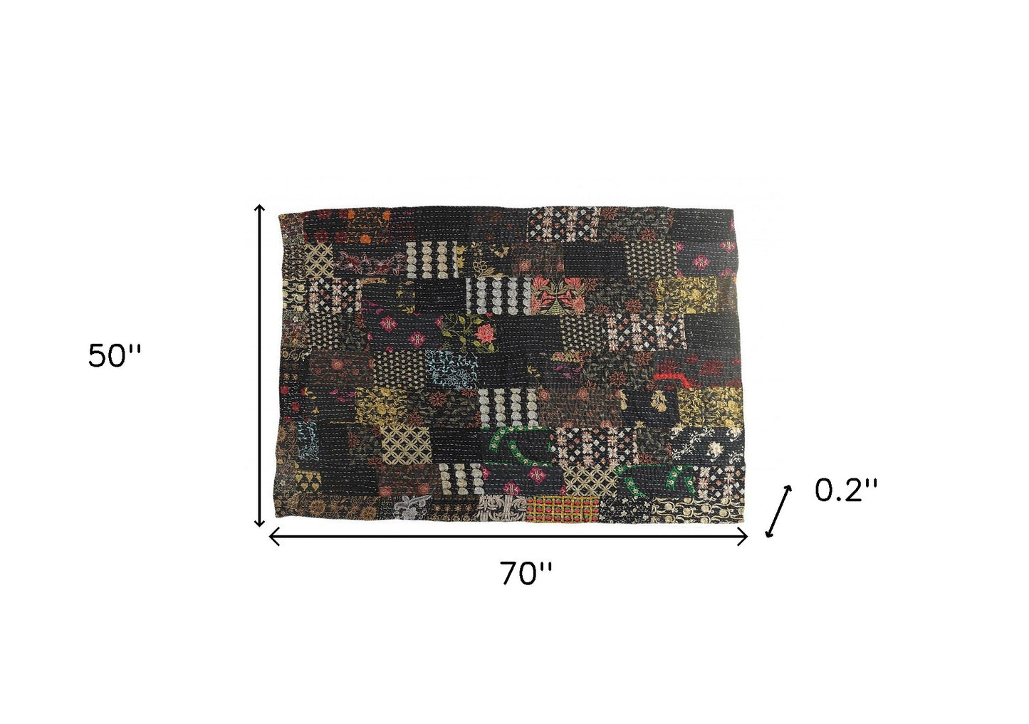 70" X 50" Black Kantha Cotton Patchwork Throw Blanket with Embroidery