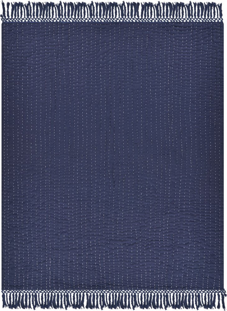 60" X 50" Blue Kantha Cotton Throw Blanket with Embroidery