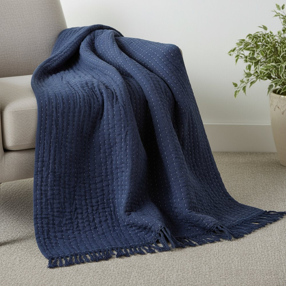 60" X 50" Blue Kantha Cotton Throw Blanket with Embroidery