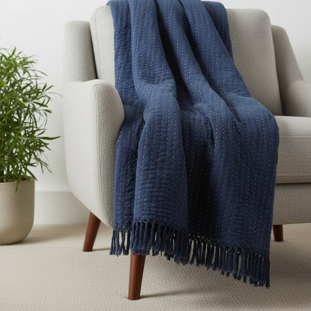 60" X 50" Blue Kantha Cotton Throw Blanket with Embroidery