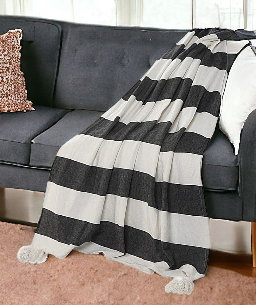 50" X 60" Blue and White Woven Cotton Striped Throw Blanket with Tassels