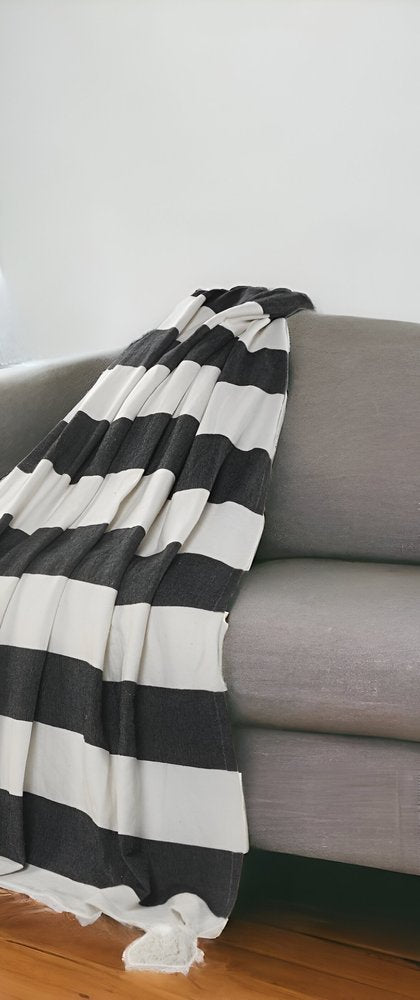 50" X 60" Blue and White Cotton Woven Striped Throw Blanket with Tassels