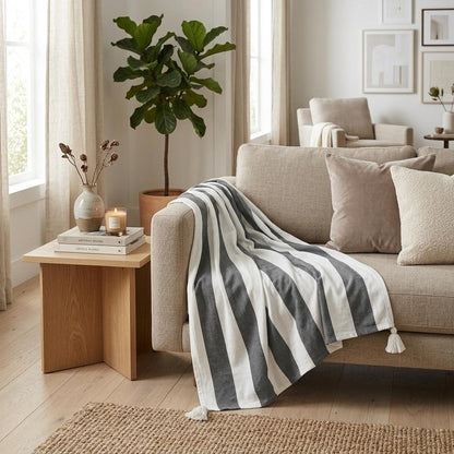 50" X 60" Blue and White Woven Cotton Striped Throw Blanket with Tassels