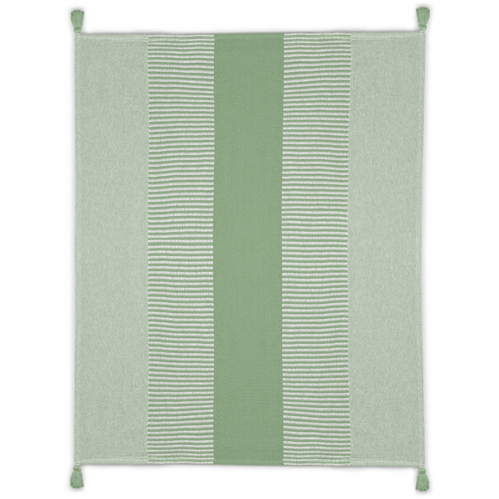 60" X 50" Green Woven Cotton Striped Throw Blanket with Tassels