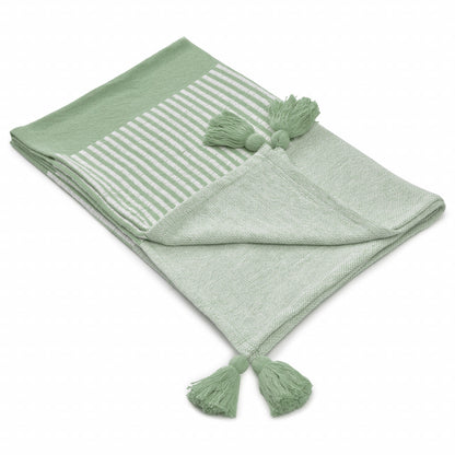 60" X 50" Green Woven Cotton Striped Throw Blanket with Tassels