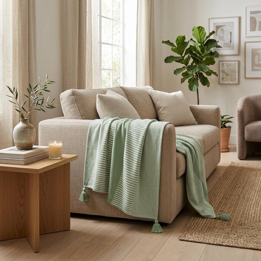 60" X 50" Green Woven Cotton Striped Throw Blanket with Tassels