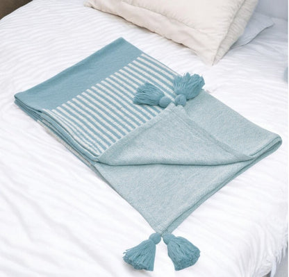 50" X 60" Blue Woven Cotton Striped Throw Blanket with Tassels