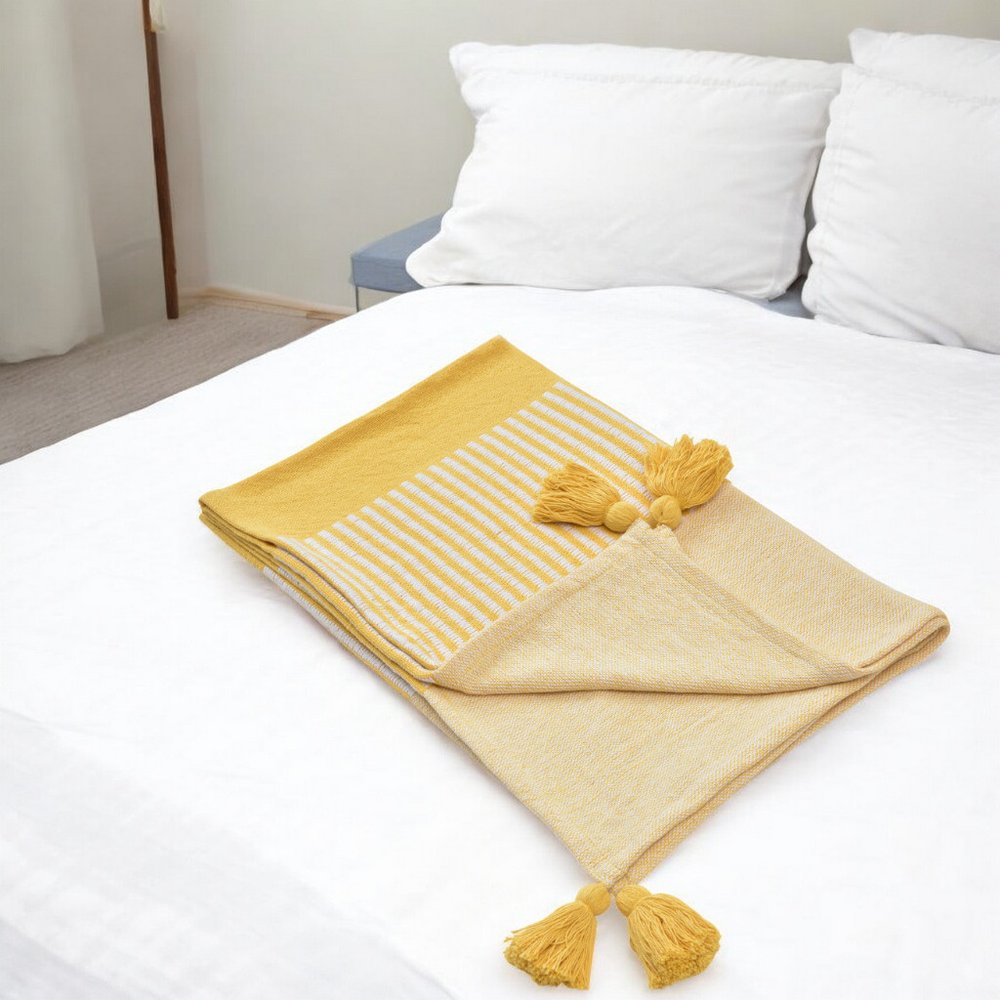 50" X 60" Blue Woven Cotton Striped Throw Blanket with Tassels