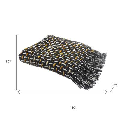 50" X 60" Black And Gold Geometric Cotton Woven Throw Blanket with Tassels