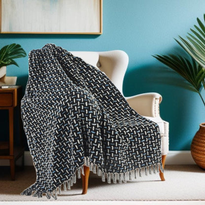50" X 60" Black And Gold Geometric Cotton Woven Throw Blanket with Tassels
