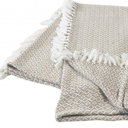 50" X 60" Gray and White Woven Cotton Geometric Throw Blanket with Fringe