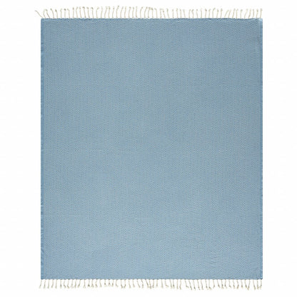 50" X 60" Blue and White Woven Cotton Geometric Throw Blanket with Fringe