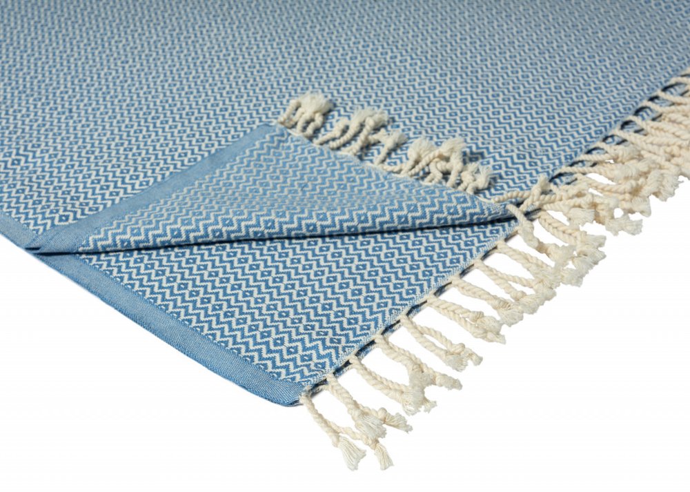50" X 60" Blue and White Woven Cotton Geometric Throw Blanket with Fringe
