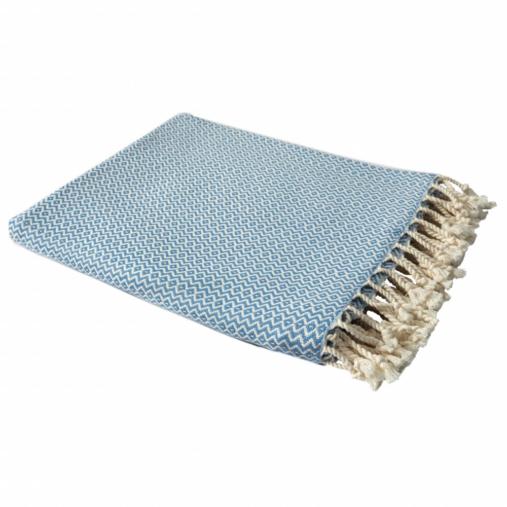 50" X 60" Blue and White Woven Cotton Geometric Throw Blanket with Fringe