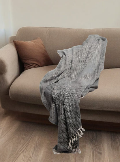 50" X 60" Black and White Woven Cotton Geometric Throw Blanket with Fringe