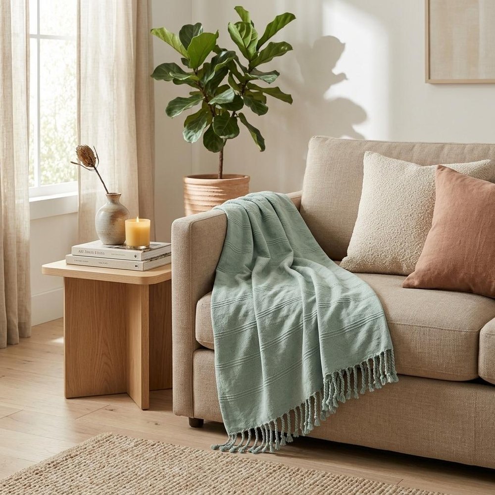 Green Woven Cotton Striped Throw Blanket