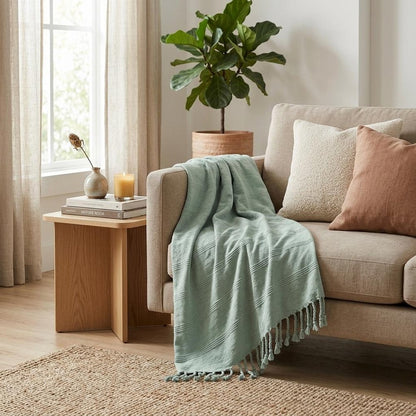 Green Woven Cotton Striped Throw Blanket