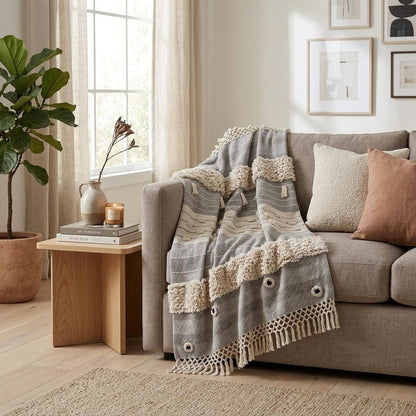 60" X 50" Gray Woven Cotton Striped Throw Blanket with Fringe