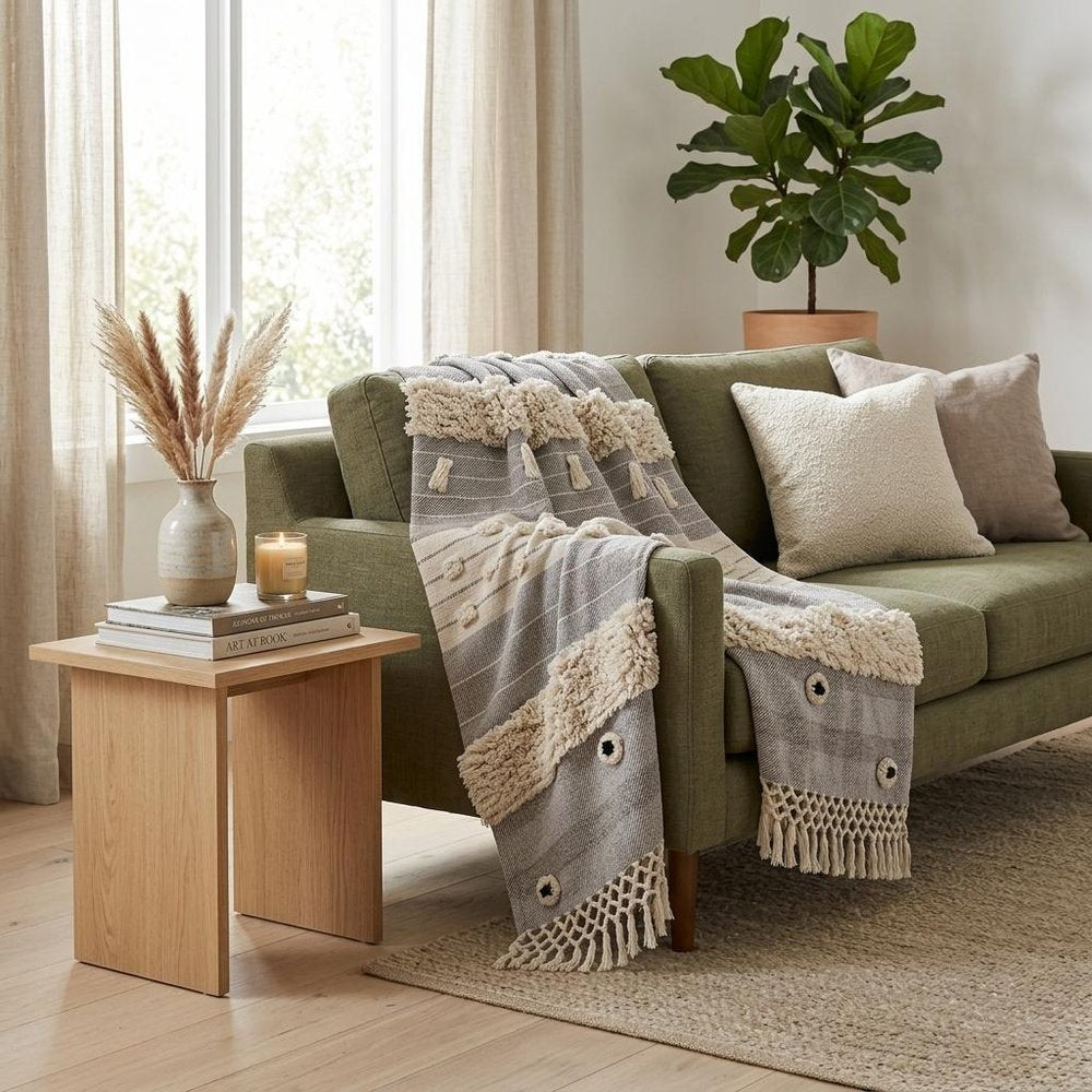 60" X 50" Gray Woven Cotton Striped Throw Blanket with Fringe