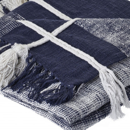 50" X 60" Blue and White Woven Cotton Checkered Throw Blanket with Tassels