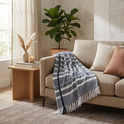 50" X 60" Blue and White Kantha Cotton Striped Throw Blanket with Embroidery