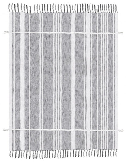 50" X 60" Gray and White Kantha Cotton Striped Throw Blanket with Embroidery