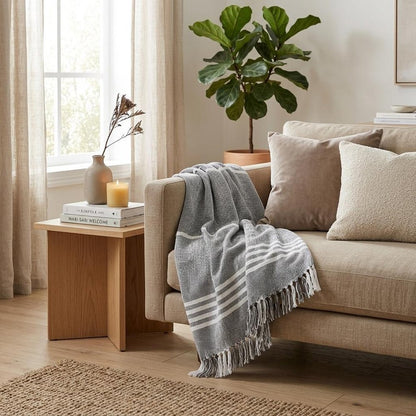 50" X 60" Gray and White Kantha Cotton Striped Throw Blanket with Embroidery