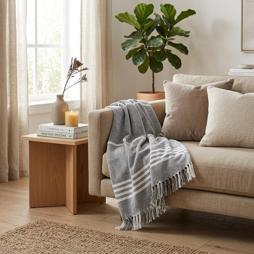 50" X 60" Gray and White Kantha Cotton Striped Throw Blanket with Embroidery