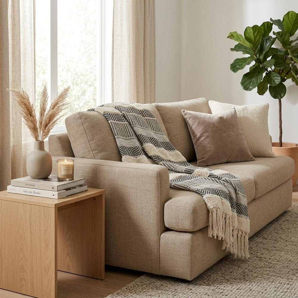 60" X 50" Cream Woven Cotton Herringbone Throw Blanket with Fringe
