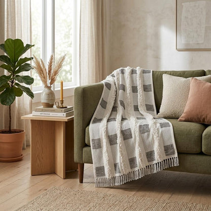 60" X 50" Gray and White Woven Cotton Checkered Throw Blanket with Fringe