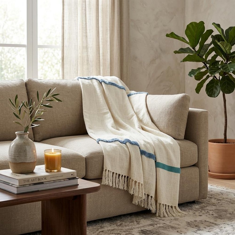 50" X 60" Cream Kantha Cotton Geometric Throw Blanket with Embroidery