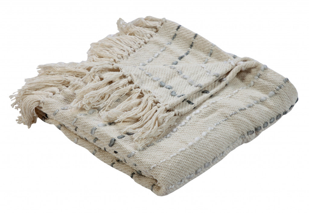 50" X 60" Cream Kantha Cotton Striped Throw Blanket with Embroidery