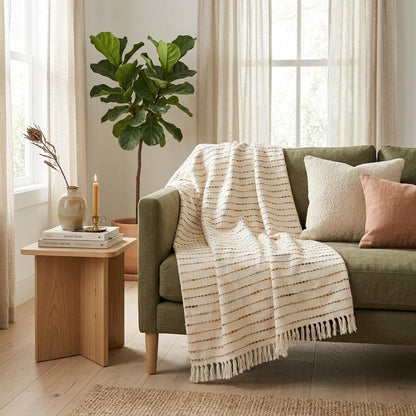 50" X 60" Cream Kantha Cotton Striped Throw Blanket with Embroidery