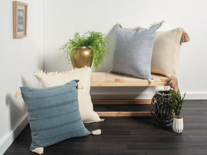 20" X 20" White And Blue 100% Cotton Zippered Pillow