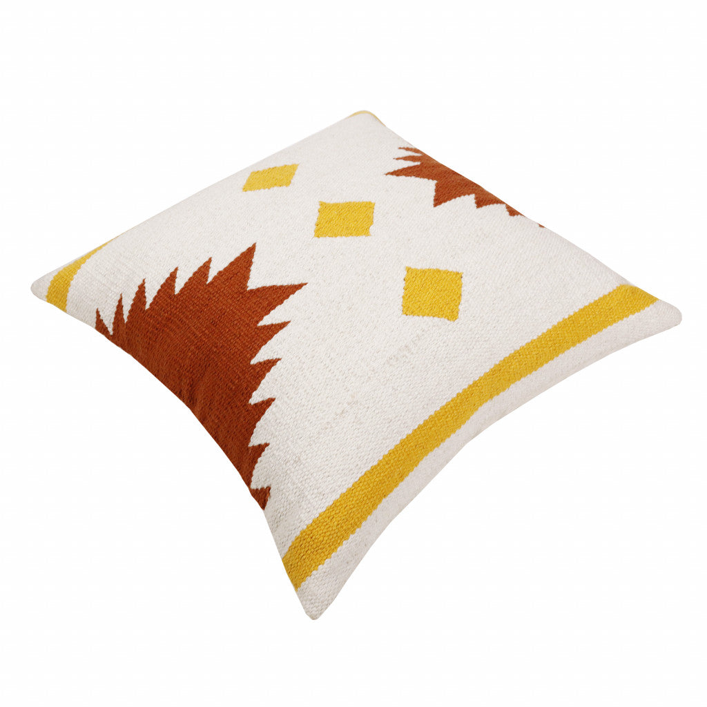 20" X 20" White Yellow And Red Orange 100% Cotton Geometric Zippered Pillow