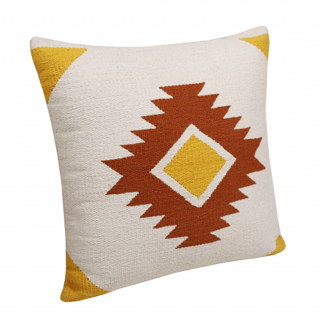 20" X 20" White Yellow And Red Orange 100% Cotton Geometric Zippered Pillow