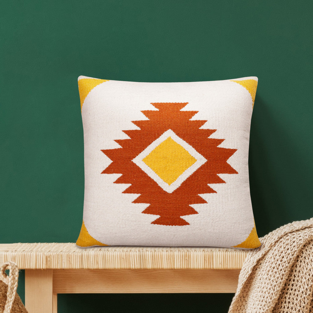 20" X 20" White Yellow And Red Orange 100% Cotton Geometric Zippered Pillow